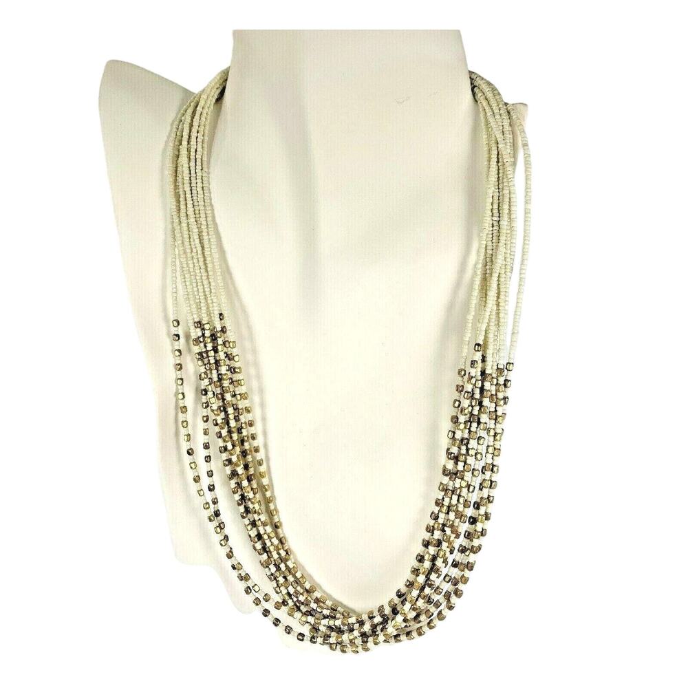 Multi Strand Necklace White and Brass Seed Beads Adjustable 22" to 24"‎